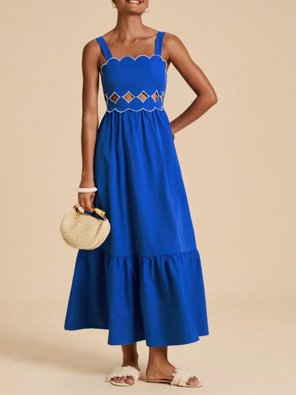Blue Boho Women's Sleeveless Embroidered Waist Long Dress - Picture 2 of 7